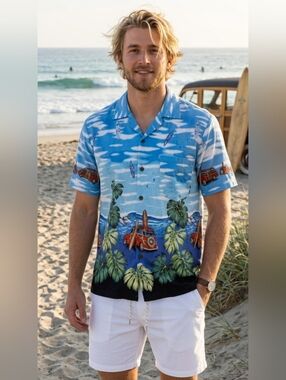 Hawaiian Shirt with Woody and Surfers 🏄‍♀️   🏄‍♂️ 🌊  Hang Ten Aloha Size M